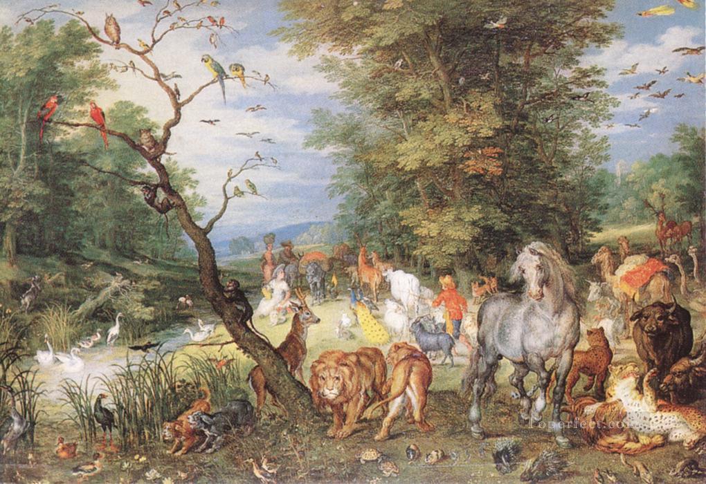 Les animaux entrant dans l’arche flamande Jan Brueghel l’Ancien animal Peintures à l'huile